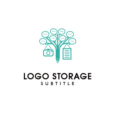 「木」「吹き出し」「カメラ」「ノート」をモチーフにデザインしたロゴ